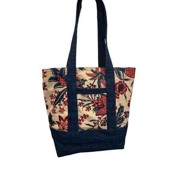 Handmade Denim & Floral Canvas Tote Bag with Pockets 13x14x6 - Picture 11 of 13
